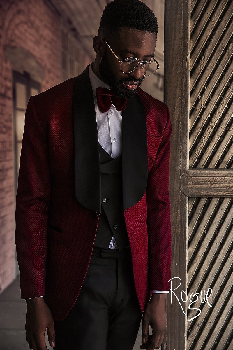 Aubergine Maroon Textured Premium Terry-Rayon Tuxedo-Suit for Men.