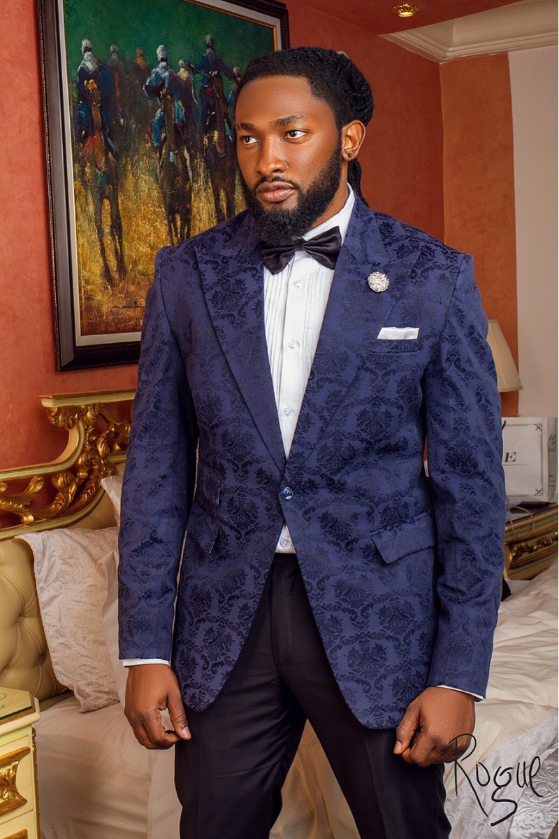 Navy Blue Damask Peak Lapel Tuxedo Suit w/ Black wool Pants – ROGUE NG