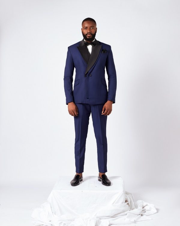 Navy Blue Wool Peak Double-Lapel Double breasted Tuxedo Suit