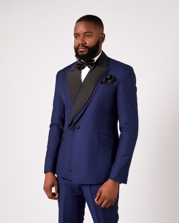 Navy Blue Wool Peak Double-Lapel Double breasted Tuxedo Suit