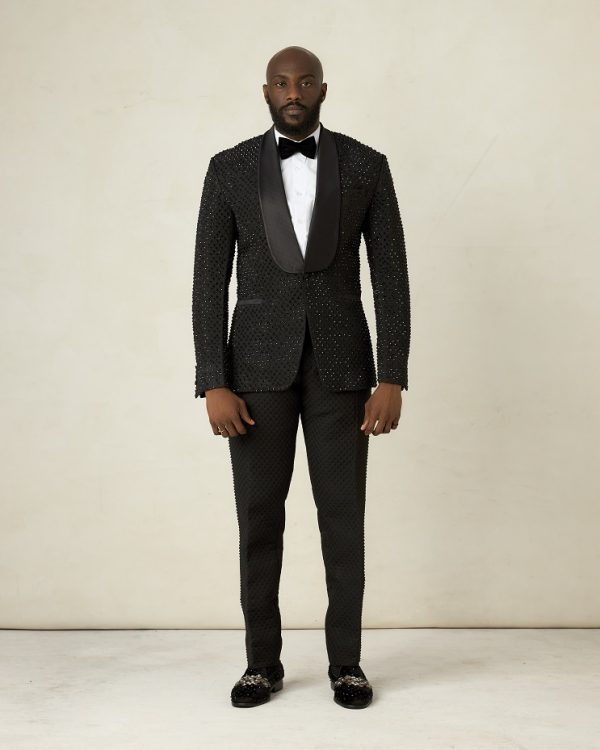 Black jacquard shawl lapel stoned Tuxedo Suit
