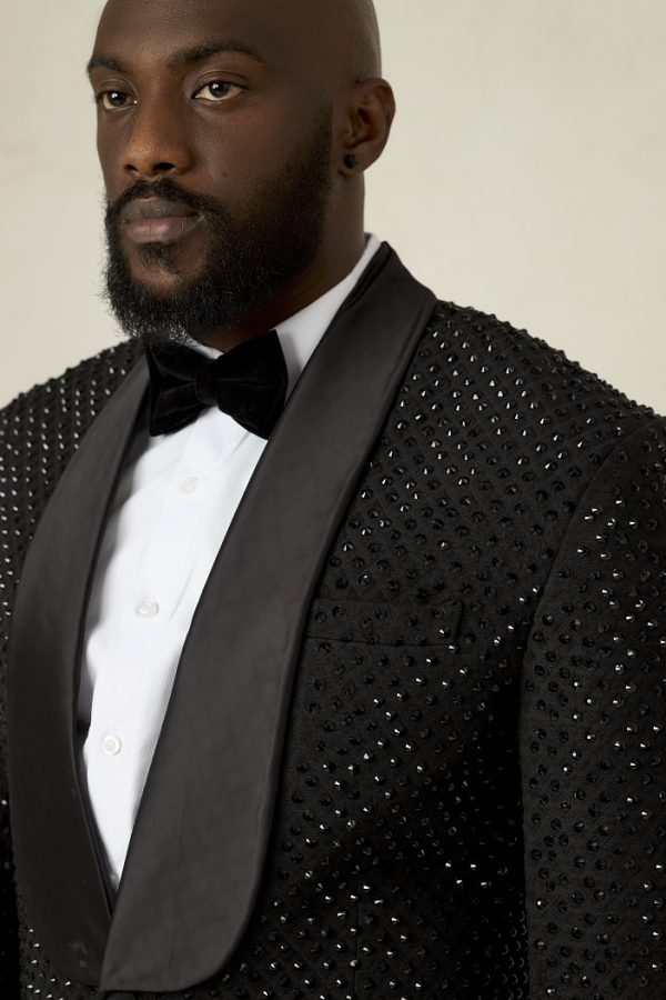 Black jacquard shawl lapel stoned Tuxedo Suit
