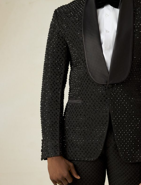 Black jacquard shawl lapel stoned Tuxedo Suit