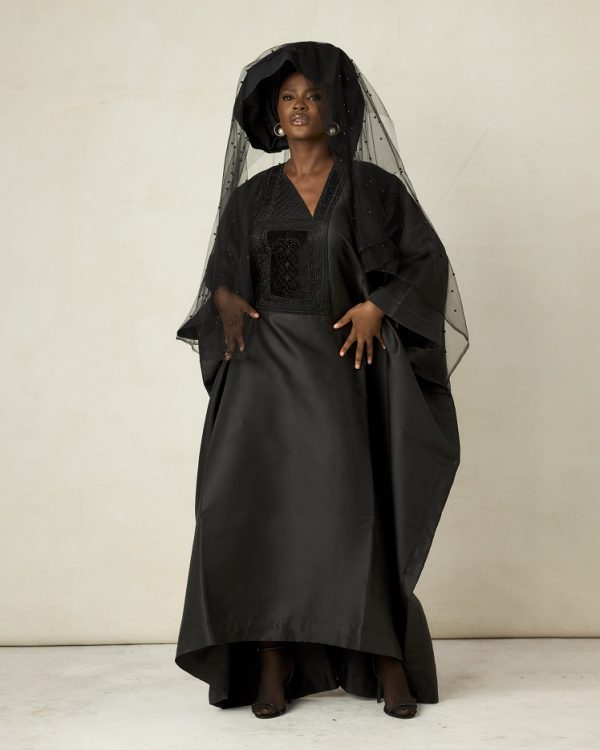 Black satin womens agbada with embellished black embroidery