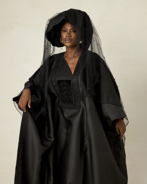 Black satin womens agbada with embellished black embroidery