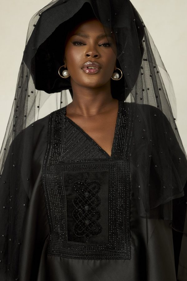 Black satin womens agbada with embellished black embroidery